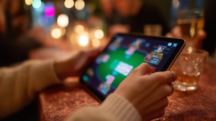 Pengguna menikmati permainan taruhan dalam suasana santai dengan laptop di meja kerja malam hari